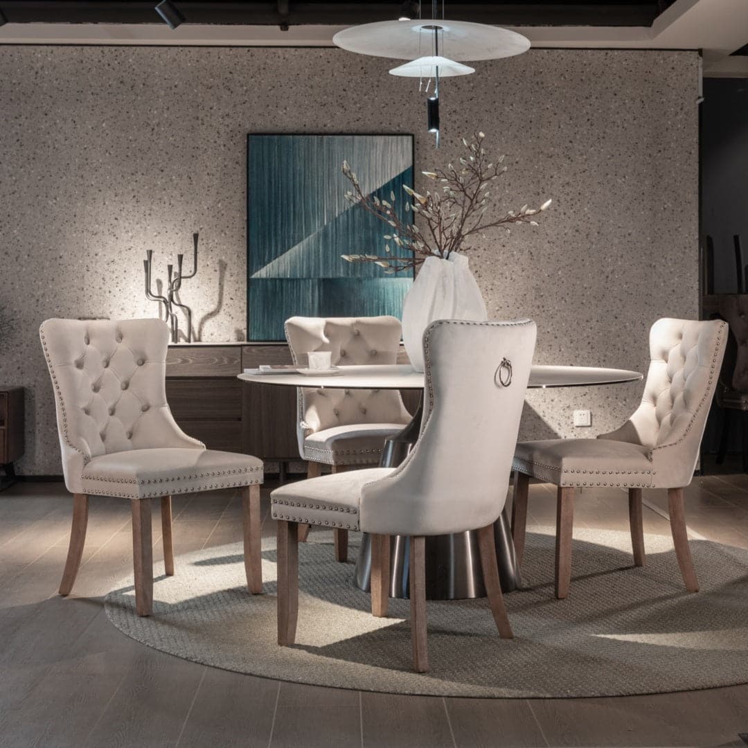 6x Velvet Dining Chairs Upholstered Tufted Kithcen Chair with Solid Wood Legs Stud Trim and Ring-Beige-Furniture > Bar Stools & Chairs-PEROZ Accessories