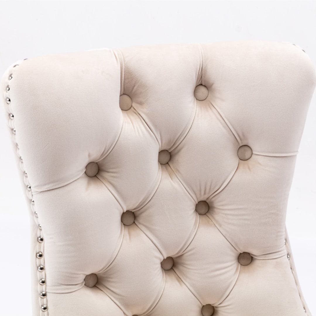 6x Velvet Dining Chairs Upholstered Tufted Kithcen Chair with Solid Wood Legs Stud Trim and Ring-Beige-Furniture > Bar Stools & Chairs-PEROZ Accessories