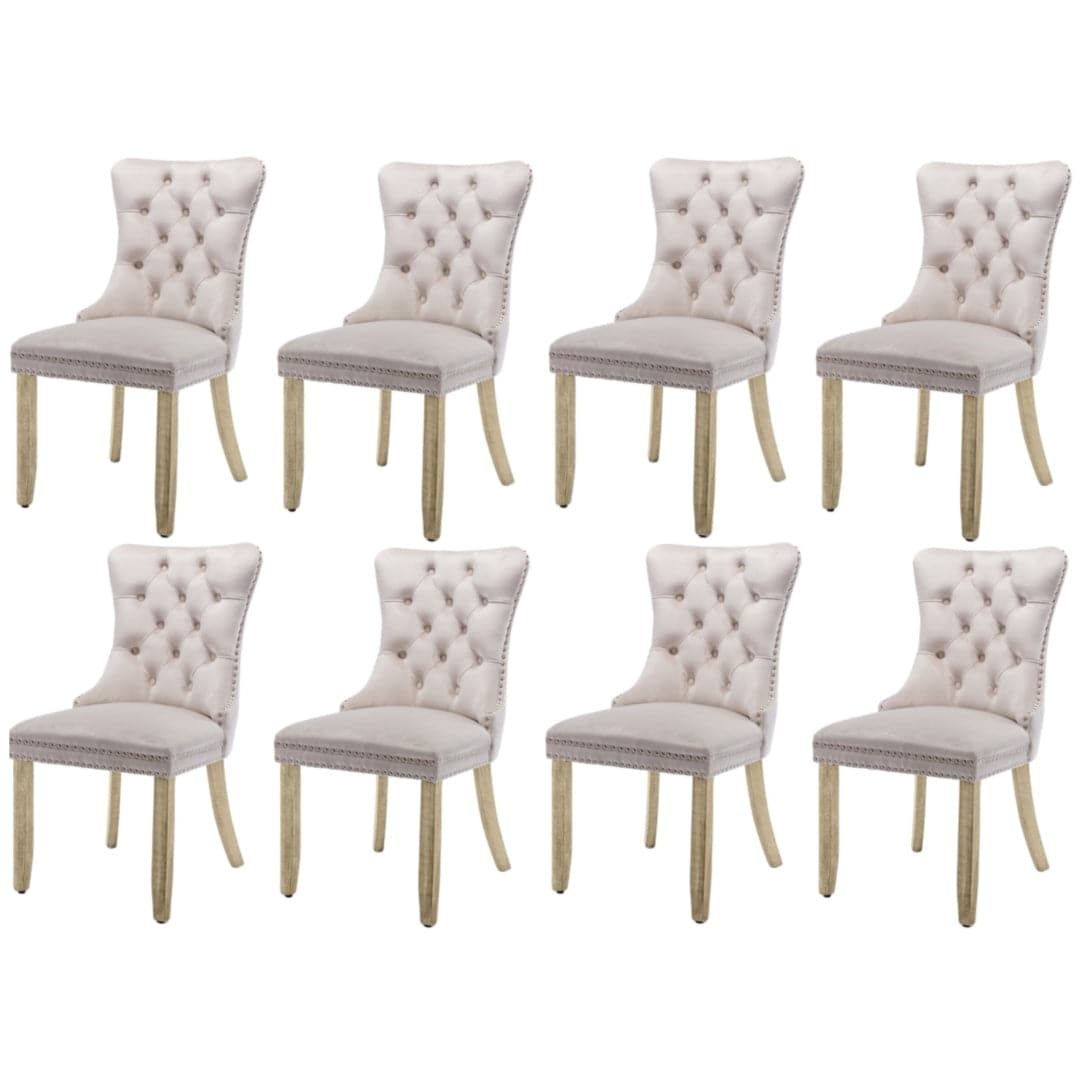 8x Velvet Dining Chairs Upholstered Tufted Kithcen Chair with Solid Wood Legs Stud Trim and Ring-Beige-Furniture > Bar Stools & Chairs-PEROZ Accessories