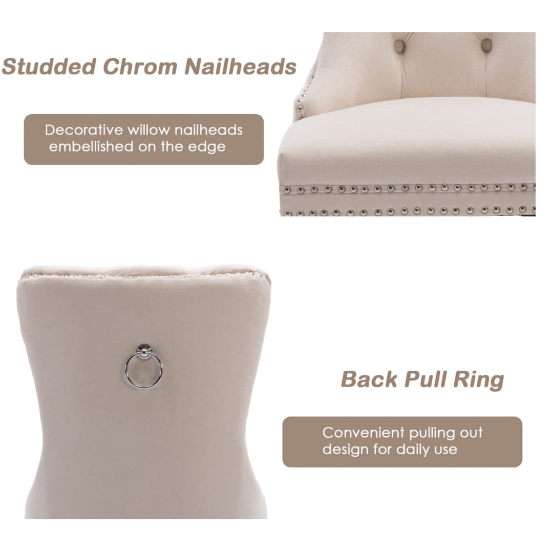 8x Velvet Dining Chairs Upholstered Tufted Kithcen Chair with Solid Wood Legs Stud Trim and Ring-Beige-Furniture > Bar Stools & Chairs-PEROZ Accessories