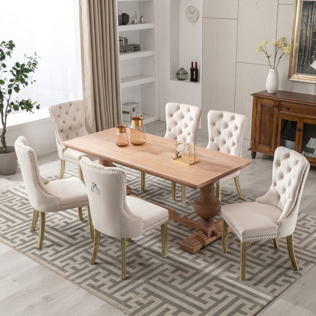 8x Velvet Dining Chairs Upholstered Tufted Kithcen Chair with Solid Wood Legs Stud Trim and Ring-Beige-Furniture > Bar Stools & Chairs-PEROZ Accessories