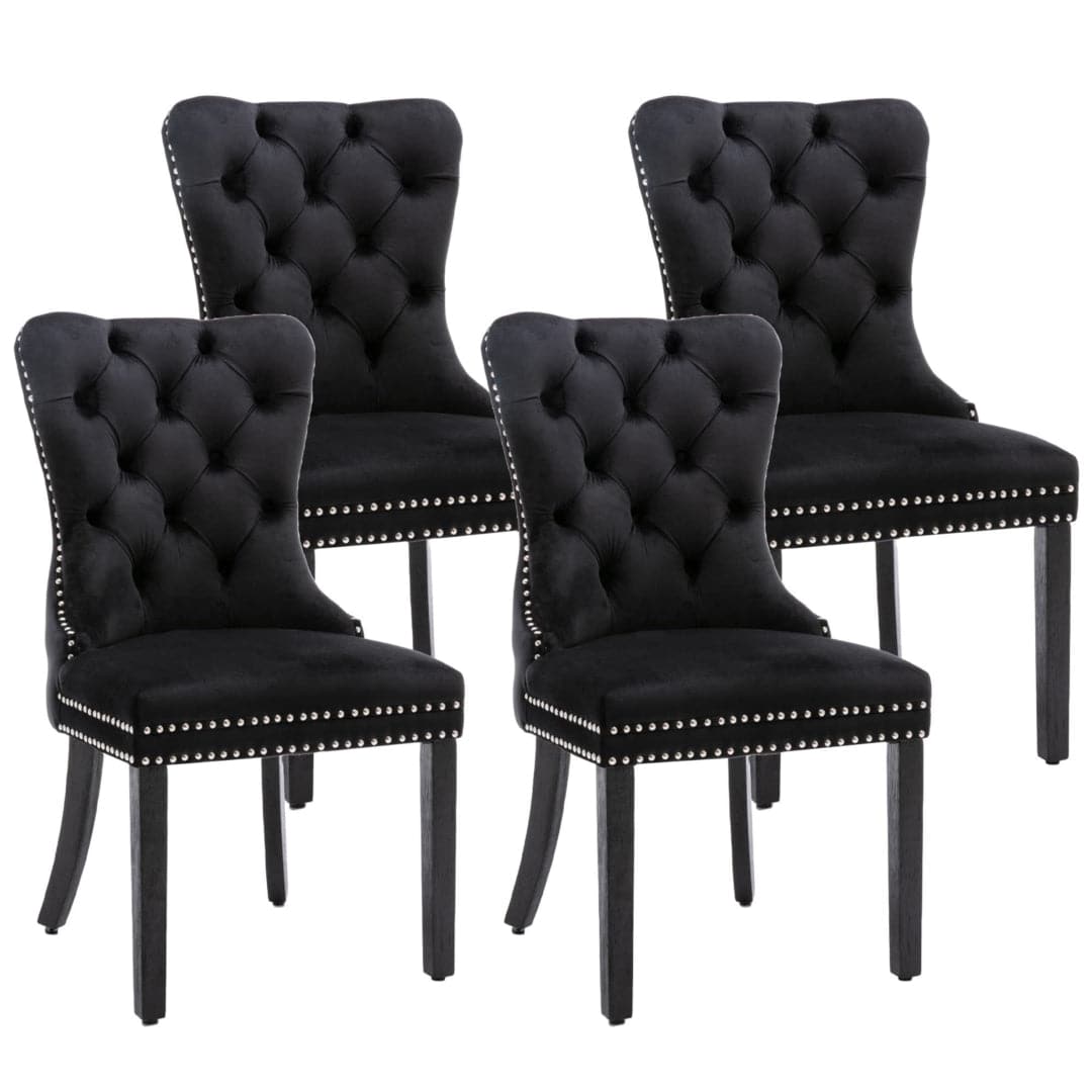 4x Velvet Dining Chairs Upholstered Tufted Kithcen Chair with Solid Wood Legs Stud Trim and Ring-Black-Furniture > Bar Stools & Chairs-PEROZ Accessories