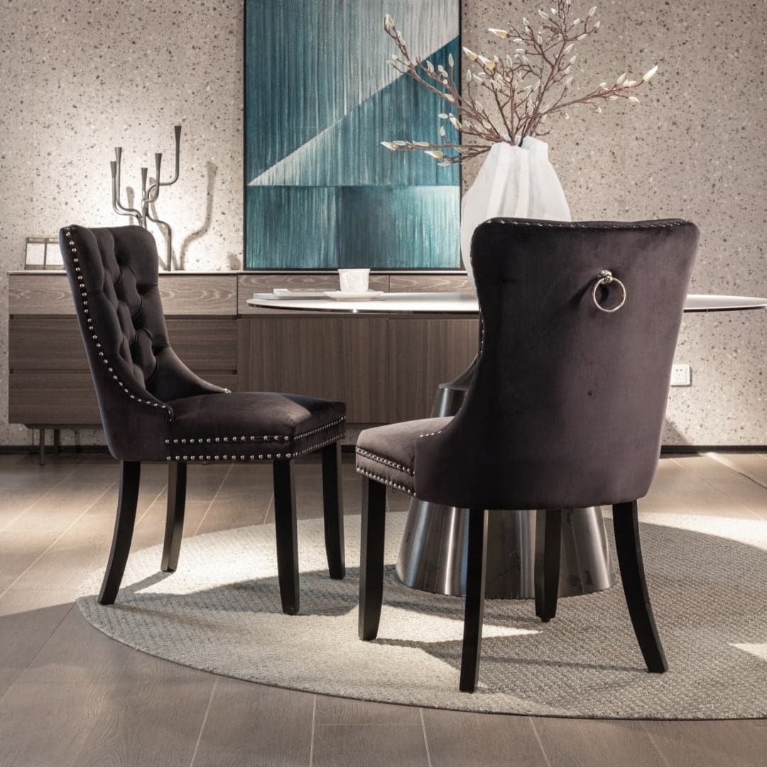 4x Velvet Dining Chairs Upholstered Tufted Kithcen Chair with Solid Wood Legs Stud Trim and Ring-Black-Furniture > Bar Stools & Chairs-PEROZ Accessories