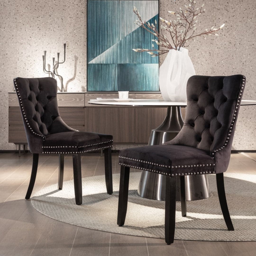 4x Velvet Dining Chairs Upholstered Tufted Kithcen Chair with Solid Wood Legs Stud Trim and Ring-Black-Furniture > Bar Stools & Chairs-PEROZ Accessories