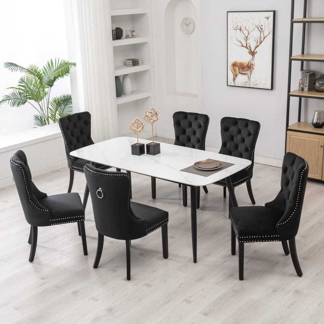 6x Velvet Dining Chairs Upholstered Tufted Kithcen Chair with Solid Wood Legs Stud Trim and Ring-Black-Furniture > Bar Stools & Chairs-PEROZ Accessories