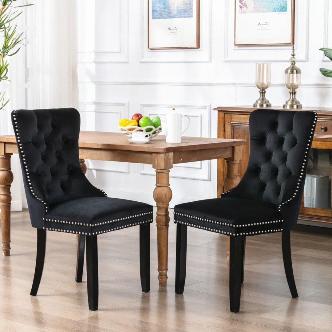 6x Velvet Dining Chairs Upholstered Tufted Kithcen Chair with Solid Wood Legs Stud Trim and Ring-Black-Furniture > Bar Stools & Chairs-PEROZ Accessories