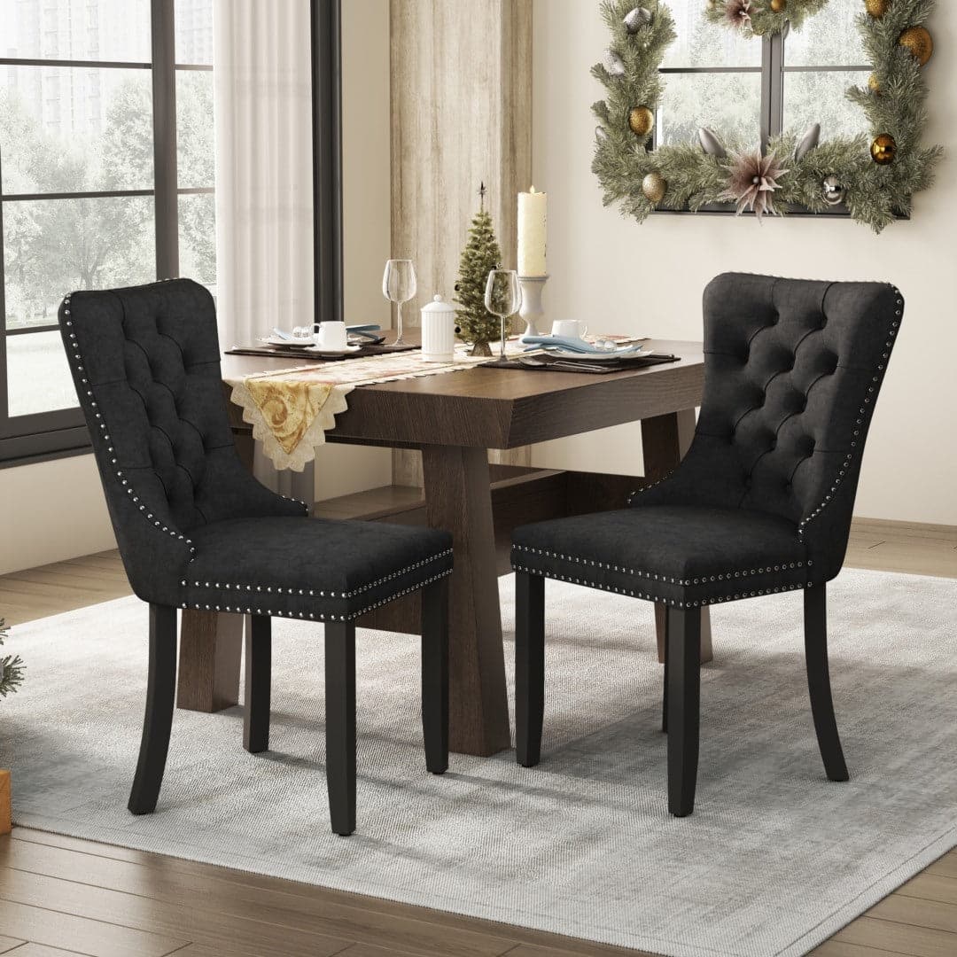 6x Velvet Dining Chairs Upholstered Tufted Kithcen Chair with Solid Wood Legs Stud Trim and Ring-Black-Furniture > Bar Stools & Chairs-PEROZ Accessories