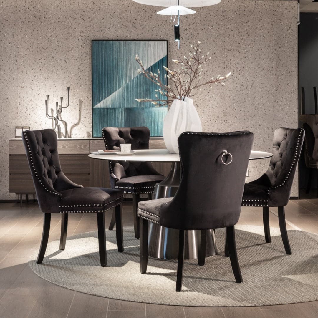 6x Velvet Dining Chairs Upholstered Tufted Kithcen Chair with Solid Wood Legs Stud Trim and Ring-Black-Furniture > Bar Stools & Chairs-PEROZ Accessories