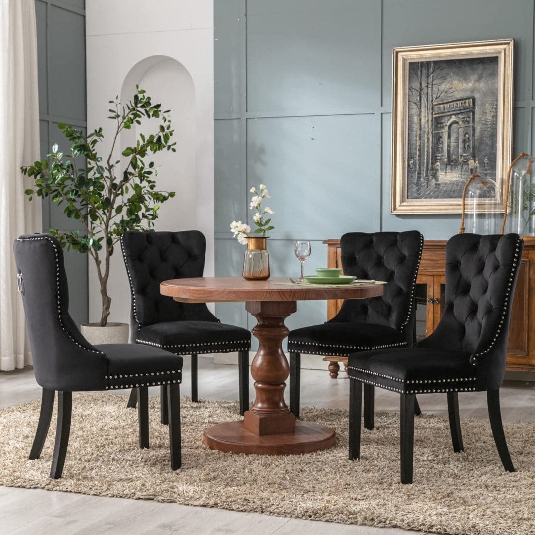 6x Velvet Dining Chairs Upholstered Tufted Kithcen Chair with Solid Wood Legs Stud Trim and Ring-Black-Furniture > Bar Stools & Chairs-PEROZ Accessories