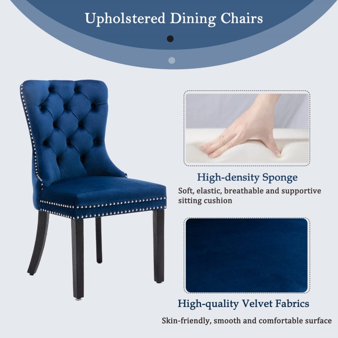 4x Velvet Dining Chairs Upholstered Tufted Kithcen Chair with Solid Wood Legs Stud Trim and Ring-Blue-Furniture > Bar Stools & Chairs-PEROZ Accessories