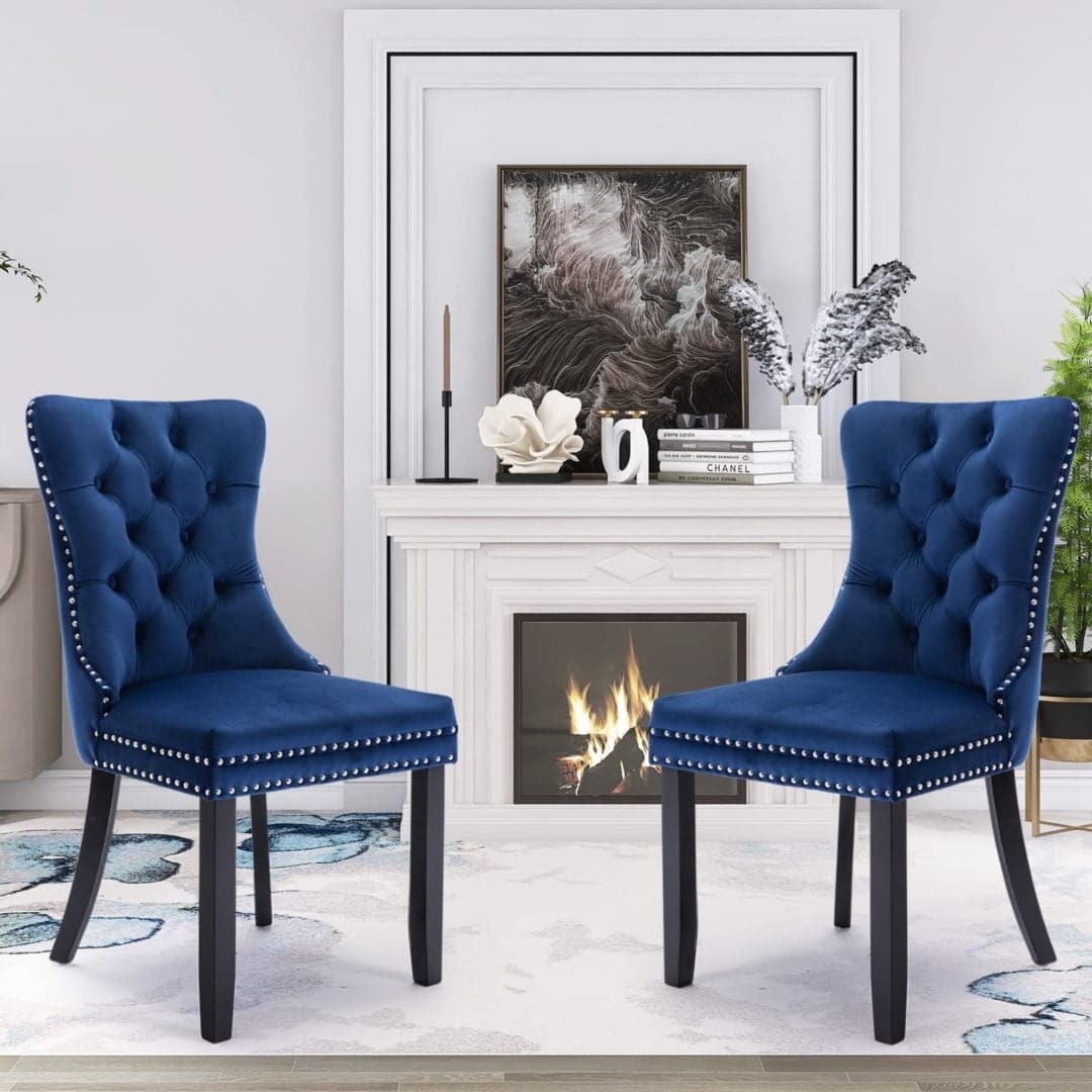 4x Velvet Dining Chairs Upholstered Tufted Kithcen Chair with Solid Wood Legs Stud Trim and Ring-Blue-Furniture > Bar Stools & Chairs-PEROZ Accessories