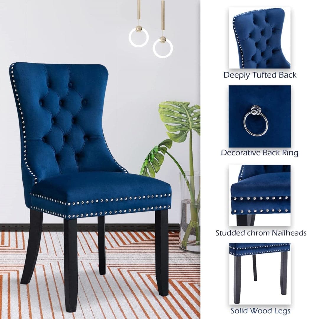 6x Velvet Dining Chairs Upholstered Tufted Kithcen Chair with Solid Wood Legs Stud Trim and Ring-Blue-Furniture > Bar Stools & Chairs-PEROZ Accessories