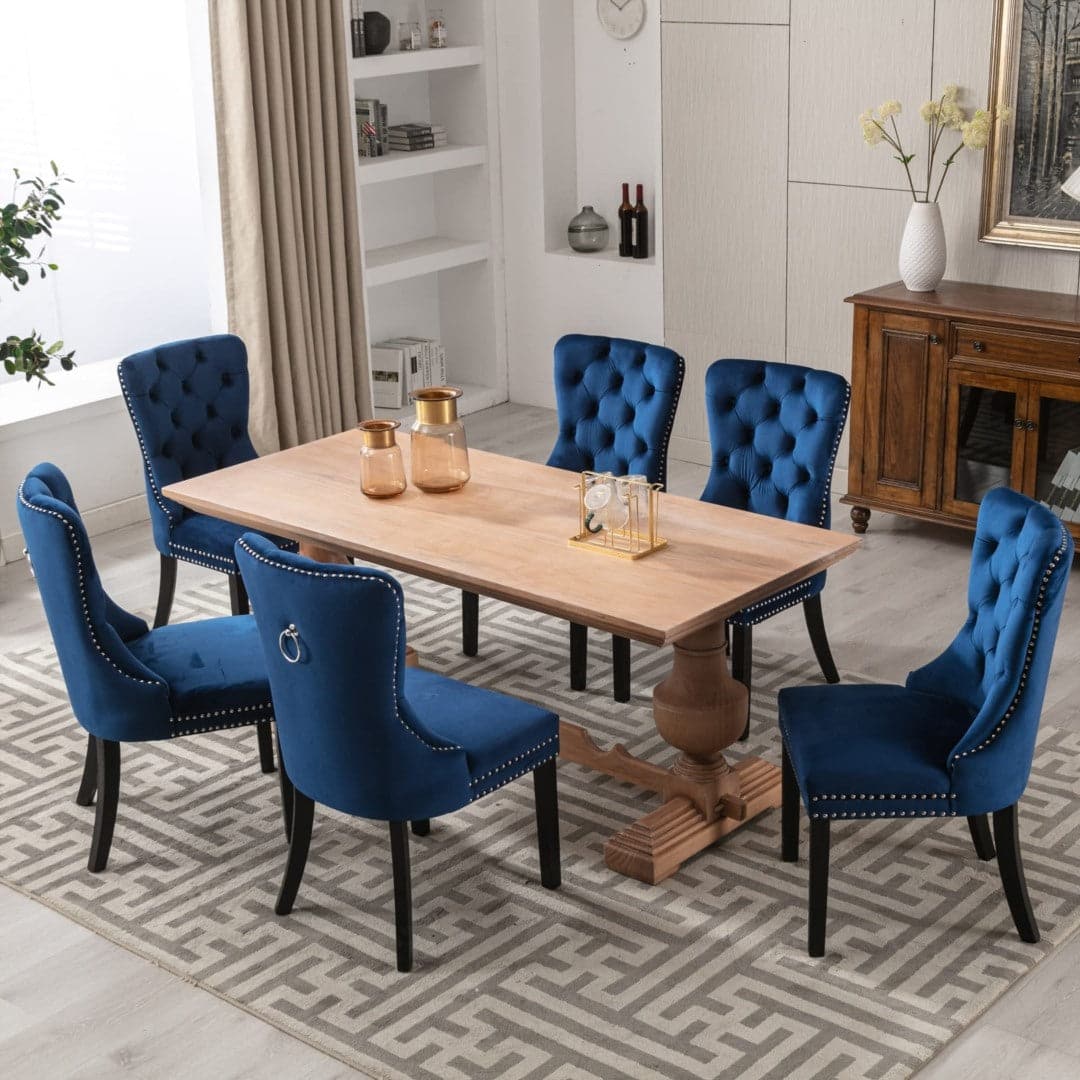 6x Velvet Dining Chairs Upholstered Tufted Kithcen Chair with Solid Wood Legs Stud Trim and Ring-Blue-Furniture > Bar Stools & Chairs-PEROZ Accessories