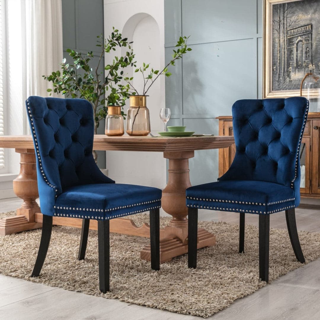 6x Velvet Dining Chairs Upholstered Tufted Kithcen Chair with Solid Wood Legs Stud Trim and Ring-Blue-Furniture > Bar Stools & Chairs-PEROZ Accessories
