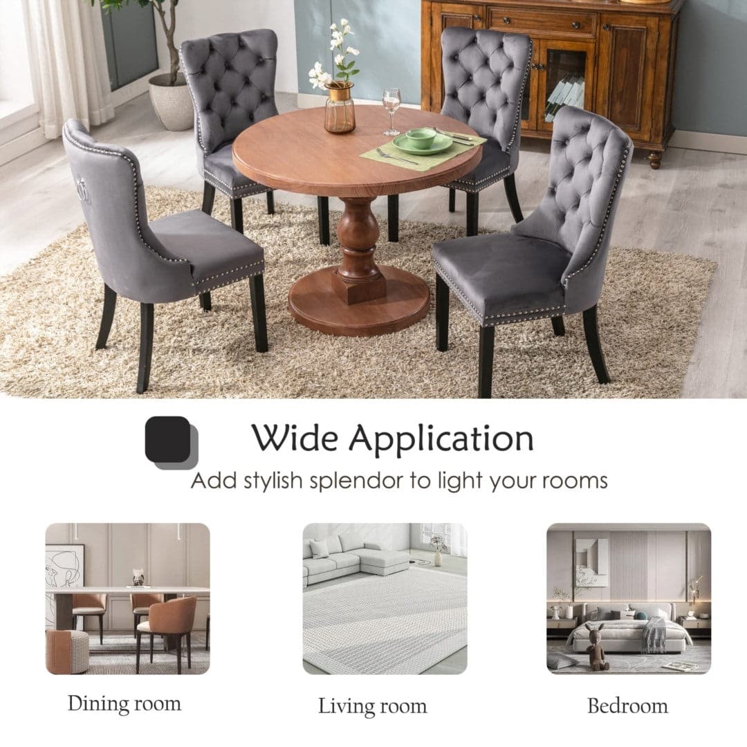 4x Velvet Dining Chairs Upholstered Tufted Kithcen Chair with Solid Wood Legs Stud Trim and Ring-Gray-Furniture > Bar Stools & Chairs-PEROZ Accessories