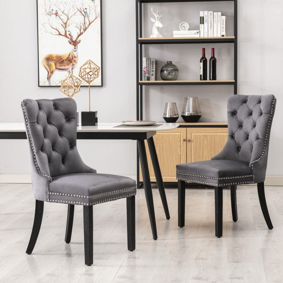 4x Velvet Dining Chairs Upholstered Tufted Kithcen Chair with Solid Wood Legs Stud Trim and Ring-Gray-Furniture > Bar Stools & Chairs-PEROZ Accessories
