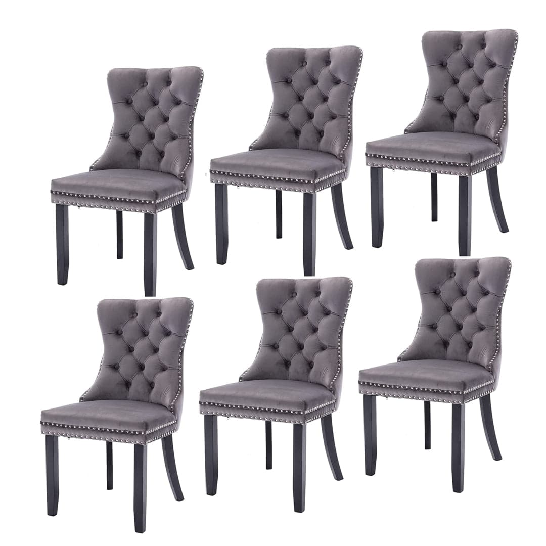 6x Velvet Dining Chairs Upholstered Tufted Kithcen Chair with Solid Wood Legs Stud Trim and Ring-Gray-Furniture > Bar Stools & Chairs-PEROZ Accessories