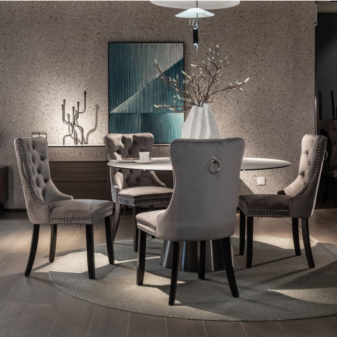 6x Velvet Dining Chairs Upholstered Tufted Kithcen Chair with Solid Wood Legs Stud Trim and Ring-Gray-Furniture > Bar Stools & Chairs-PEROZ Accessories