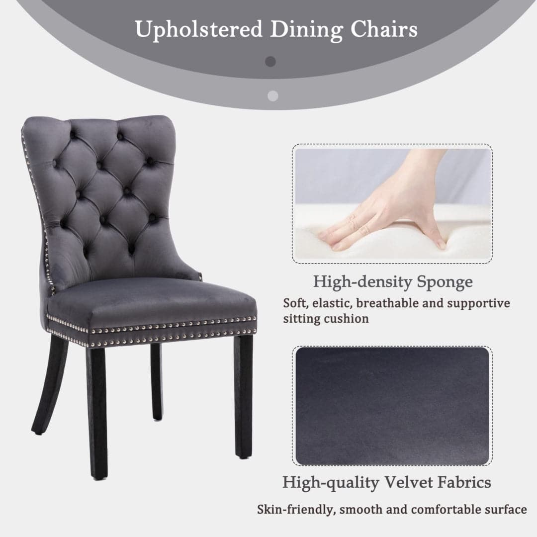 6x Velvet Dining Chairs Upholstered Tufted Kithcen Chair with Solid Wood Legs Stud Trim and Ring-Gray-Furniture > Bar Stools & Chairs-PEROZ Accessories