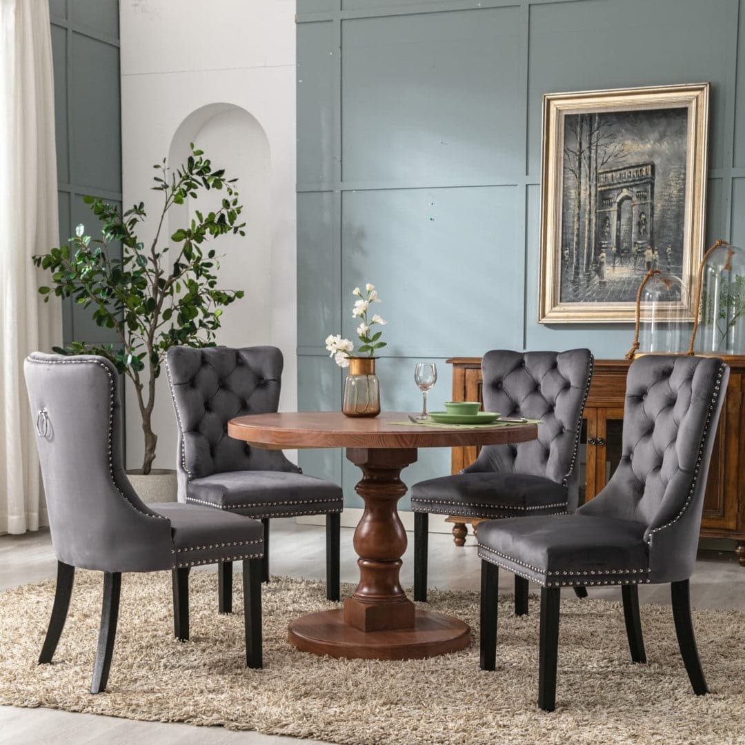 8x Velvet Dining Chairs Upholstered Tufted Kithcen Chair with Solid Wood Legs Stud Trim and Ring-Gray-Furniture > Bar Stools & Chairs-PEROZ Accessories
