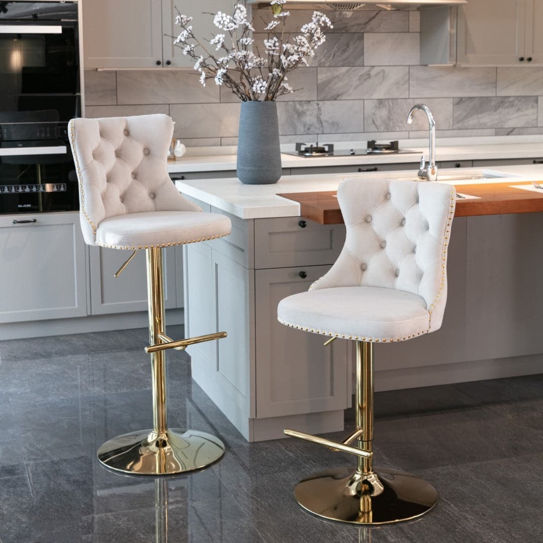 4x Height Adjustable Swivel Bar Stool Velvet Studs Barstool with Footrest and Golden Base- Beige-Furniture > Bar Stools & Chairs-PEROZ Accessories