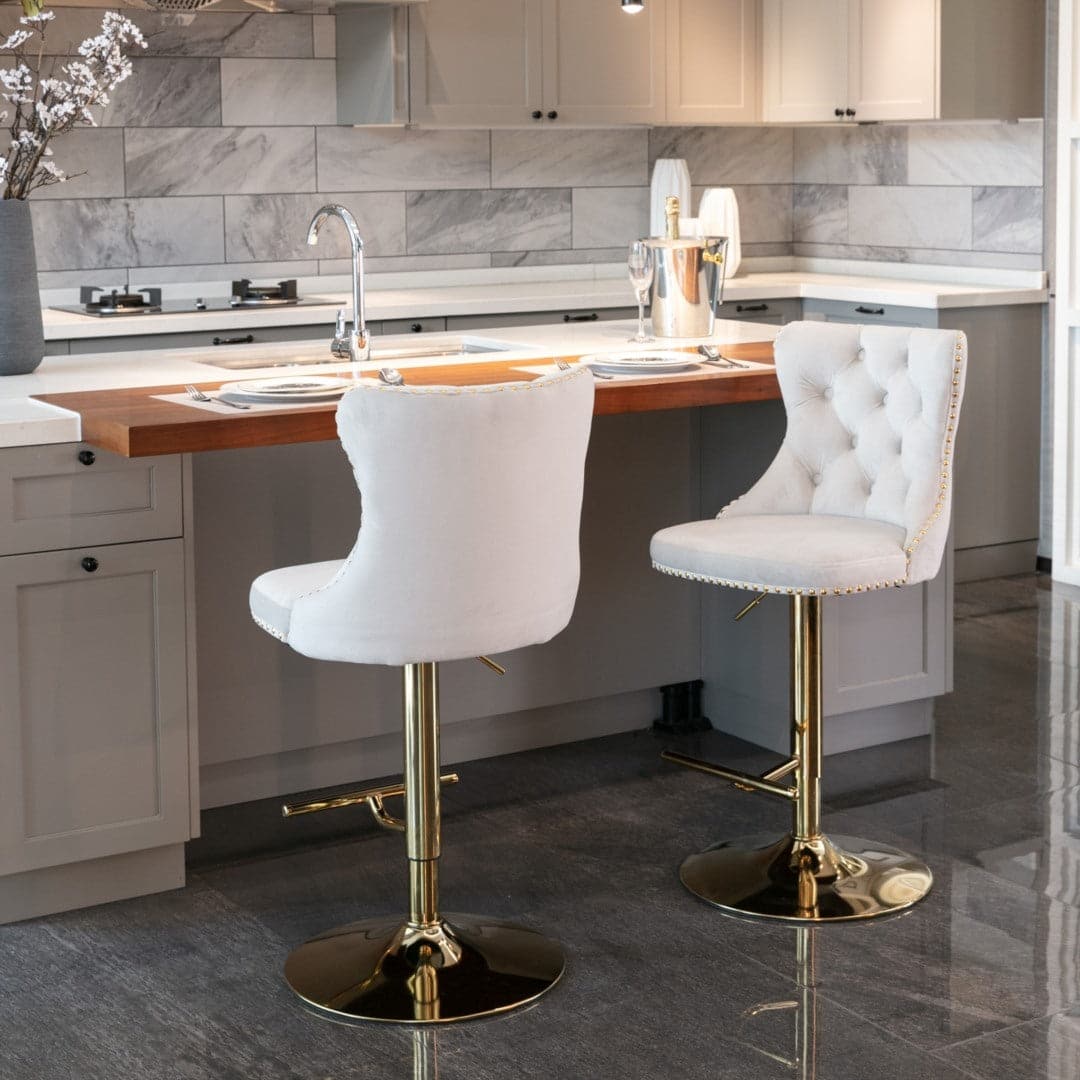 4x Height Adjustable Swivel Bar Stool Velvet Studs Barstool with Footrest and Golden Base- Beige-Furniture > Bar Stools & Chairs-PEROZ Accessories
