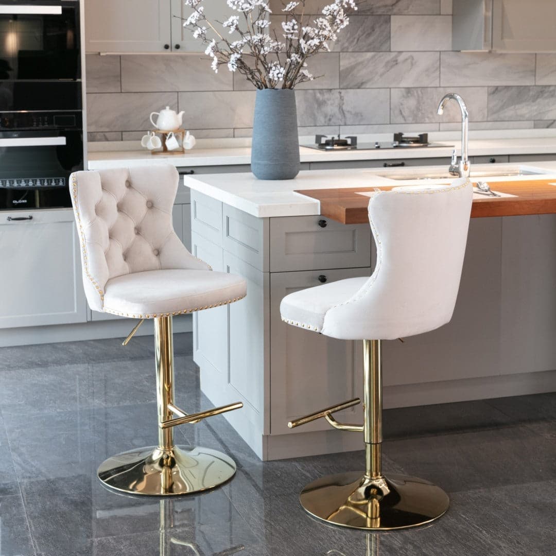 4x Height Adjustable Swivel Bar Stool Velvet Studs Barstool with Footrest and Golden Base- Beige-Furniture > Bar Stools & Chairs-PEROZ Accessories