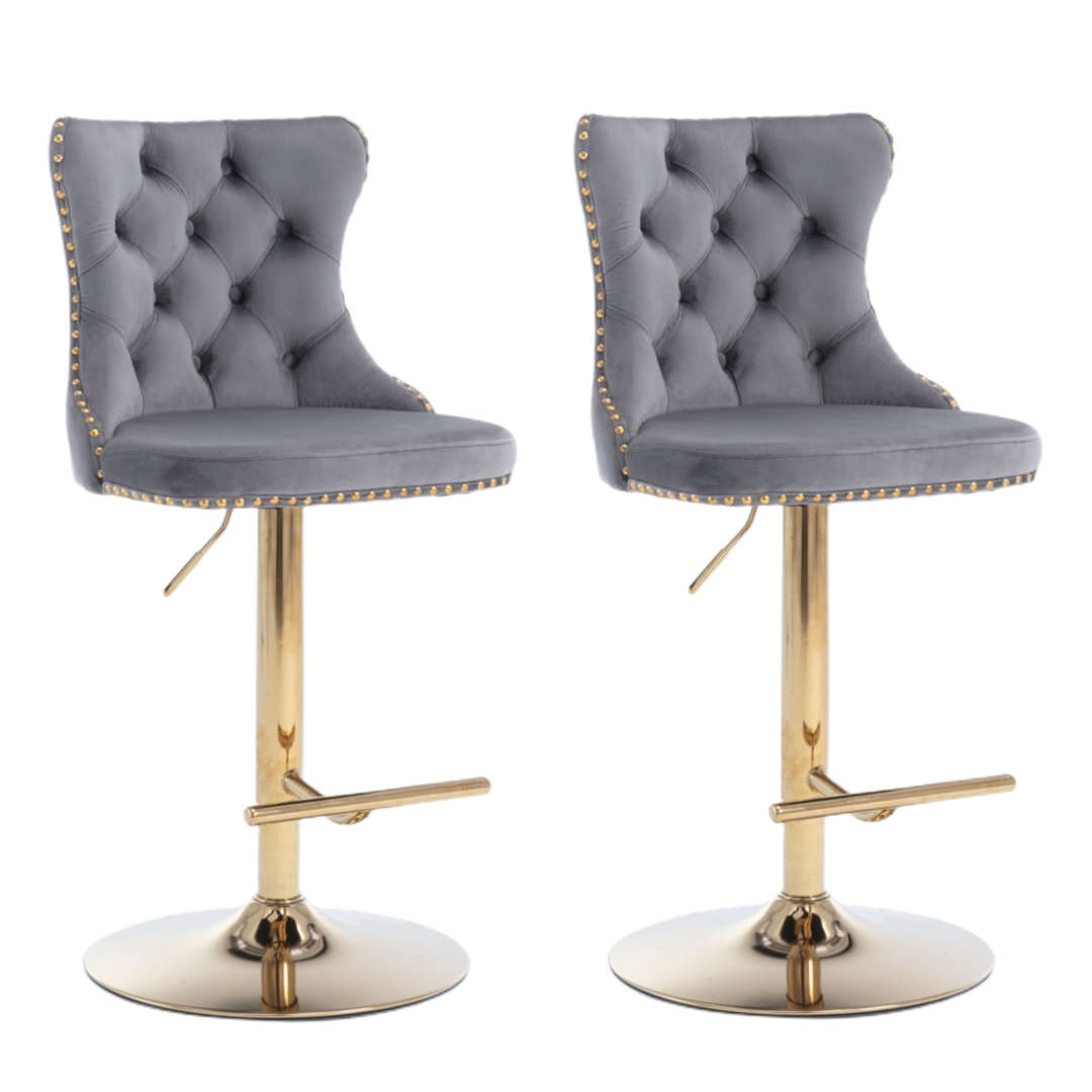 4x Height Adjustable Swivel Bar Stool Velvet Studs Barstool with Footrest and Golden Base- Grey-Furniture > Bar Stools & Chairs-PEROZ Accessories