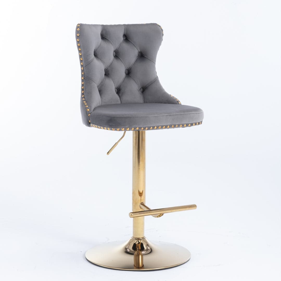 4x Height Adjustable Swivel Bar Stool Velvet Studs Barstool with Footrest and Golden Base- Grey-Furniture > Bar Stools & Chairs-PEROZ Accessories