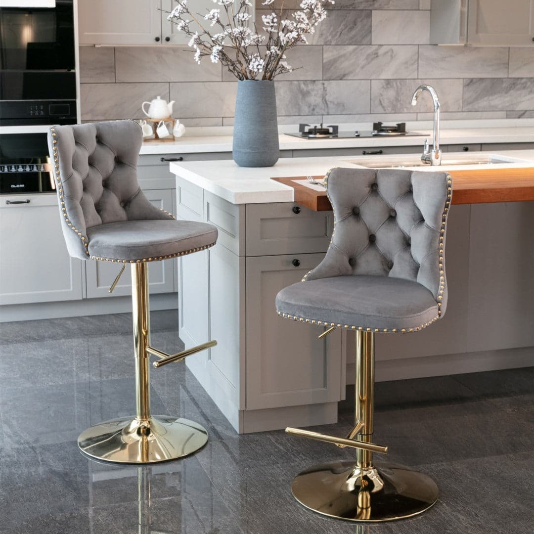 4x Height Adjustable Swivel Bar Stool Velvet Studs Barstool with Footrest and Golden Base- Grey-Furniture > Bar Stools & Chairs-PEROZ Accessories