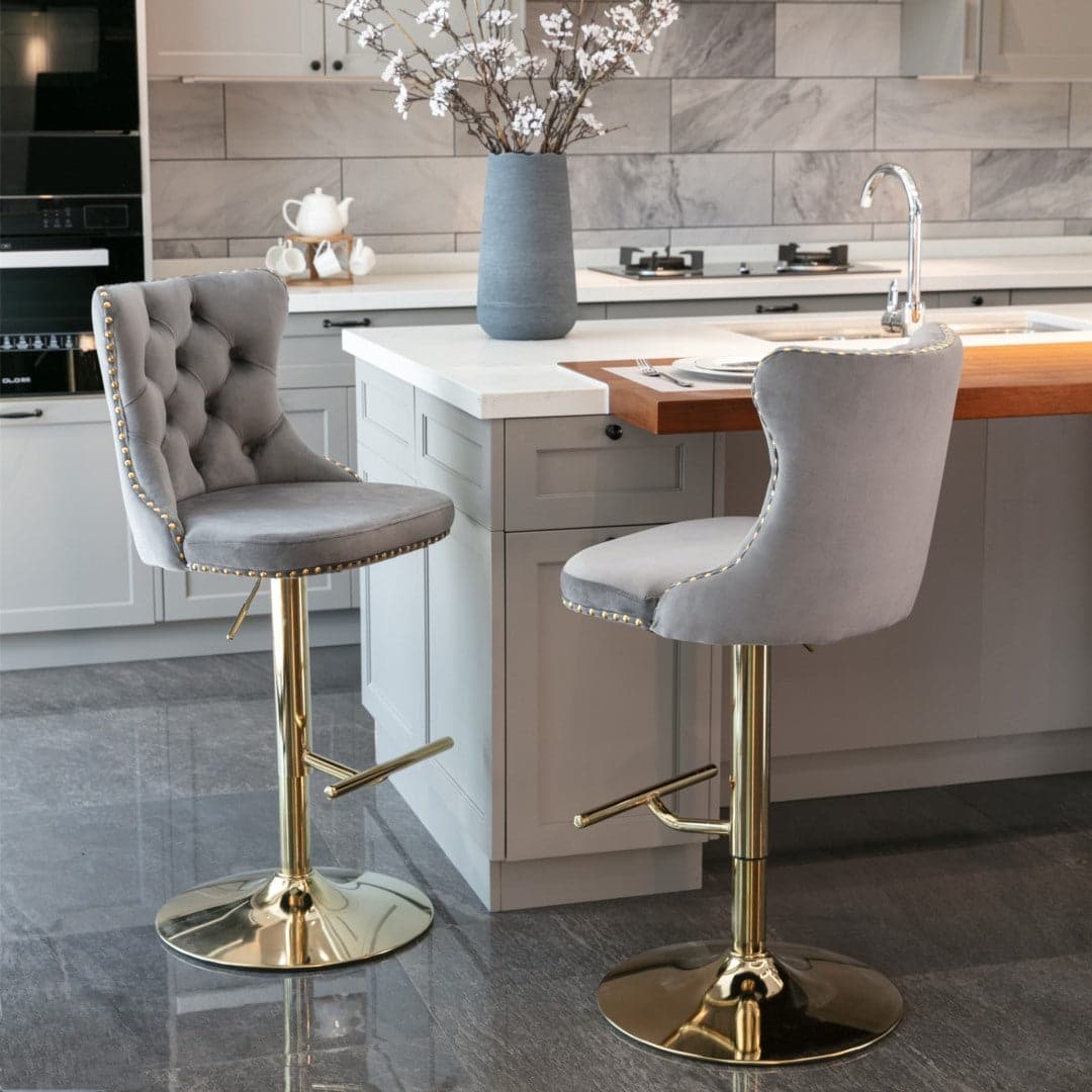 4x Height Adjustable Swivel Bar Stool Velvet Studs Barstool with Footrest and Golden Base- Grey-Furniture > Bar Stools & Chairs-PEROZ Accessories