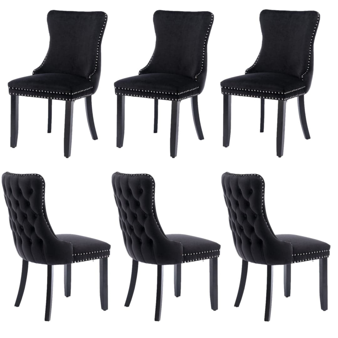 6x Velvet Upholstered Dining Chairs Tufted Wingback Side Chair with Studs Trim Solid Wood Legs for Kitchen-Furniture > Bar Stools & Chairs-PEROZ Accessories