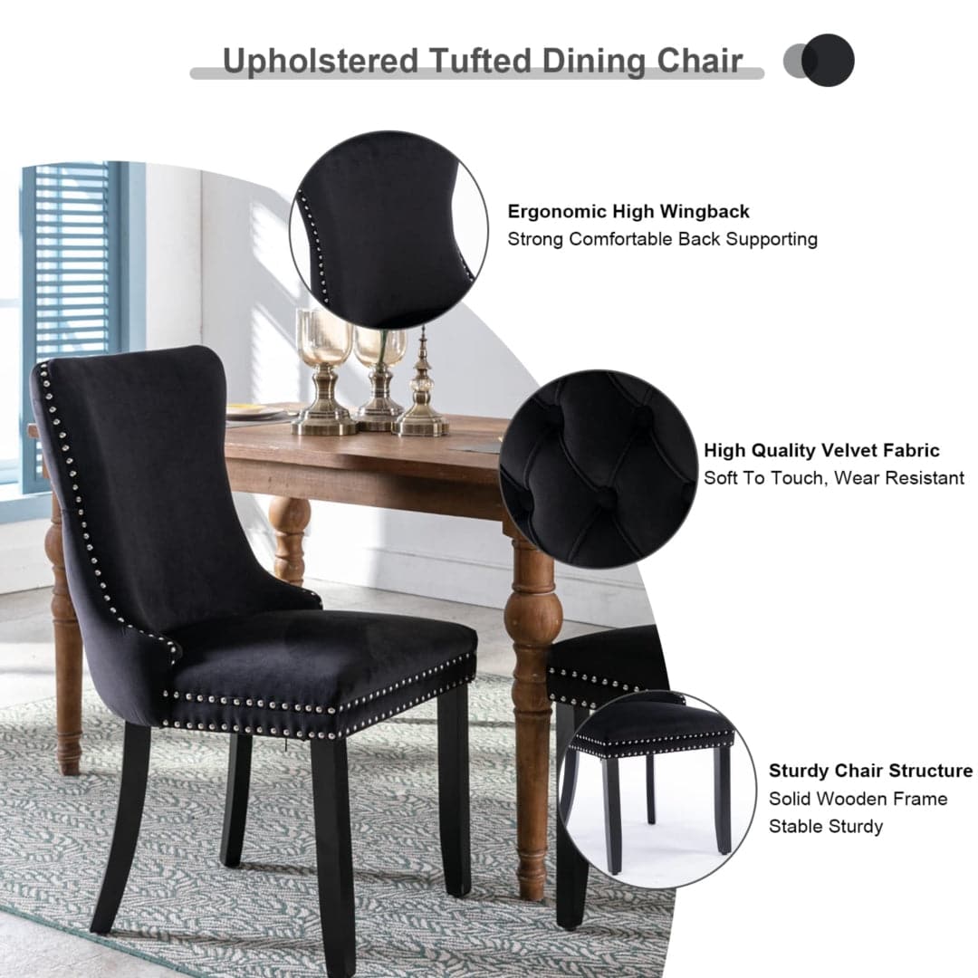 6x Velvet Upholstered Dining Chairs Tufted Wingback Side Chair with Studs Trim Solid Wood Legs for Kitchen-Furniture > Bar Stools & Chairs-PEROZ Accessories