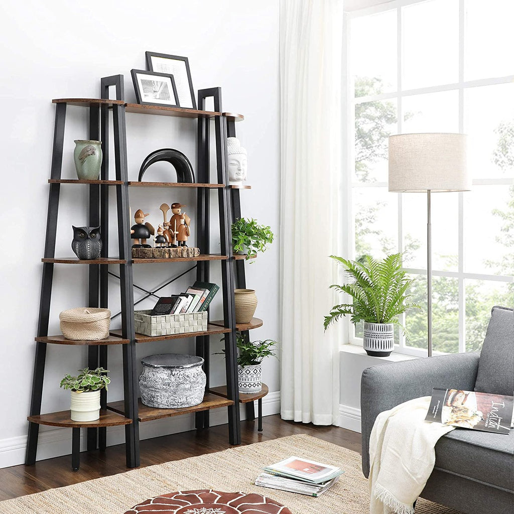 VASAGLE Corner Shelf 5 Tier Industrial Ladder Bookcase Storage Rack with Metal Frame Rustic Brown LLS35X-Bookcases &amp; Shelves-PEROZ Accessories