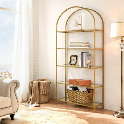 VASAGLE Bookshelf 5 Tier Tempered Glass with Gold Metal Frame LGT050A01-Bookcases &amp; Shelves-PEROZ Accessories
