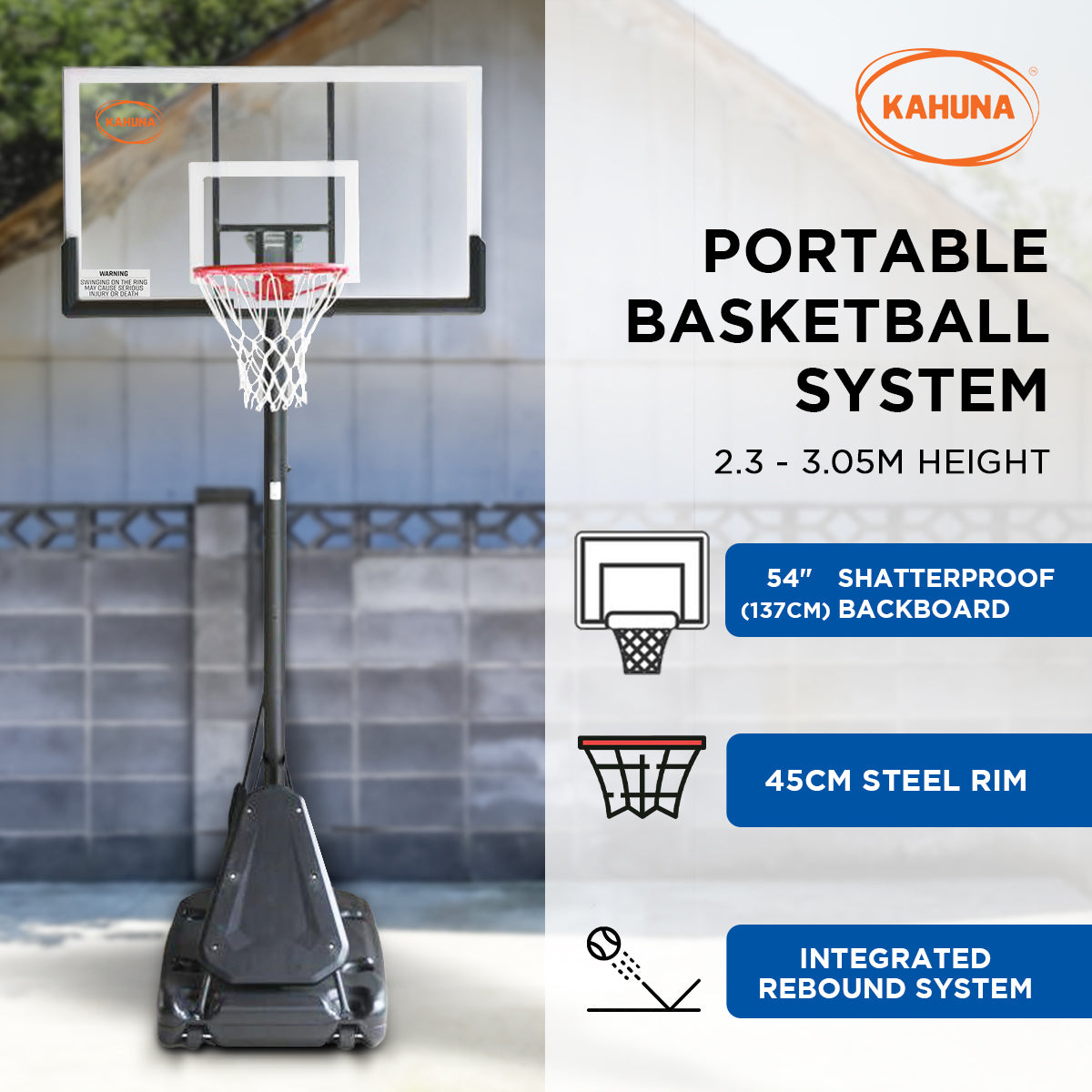 Kahuna Portable Basketball Hoop System 2.3 to 3.05m for Kids & Adults-Sports & Fitness > Basketball & Accessories-PEROZ Accessories