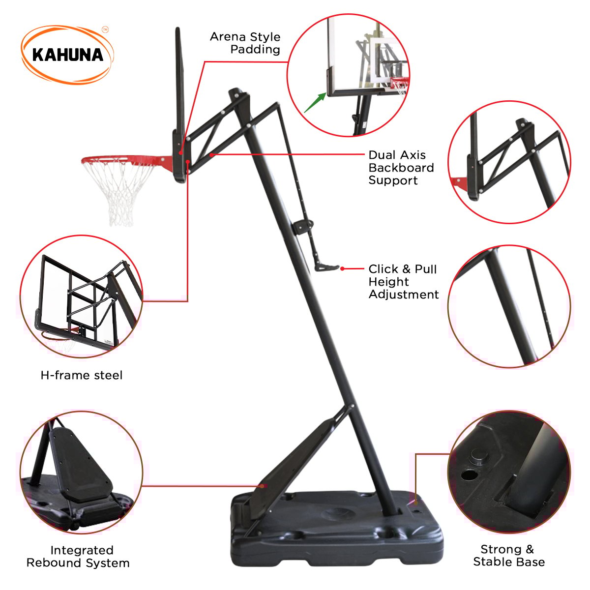Kahuna Portable Basketball Hoop System 2.3 to 3.05m for Kids & Adults-Sports & Fitness > Basketball & Accessories-PEROZ Accessories