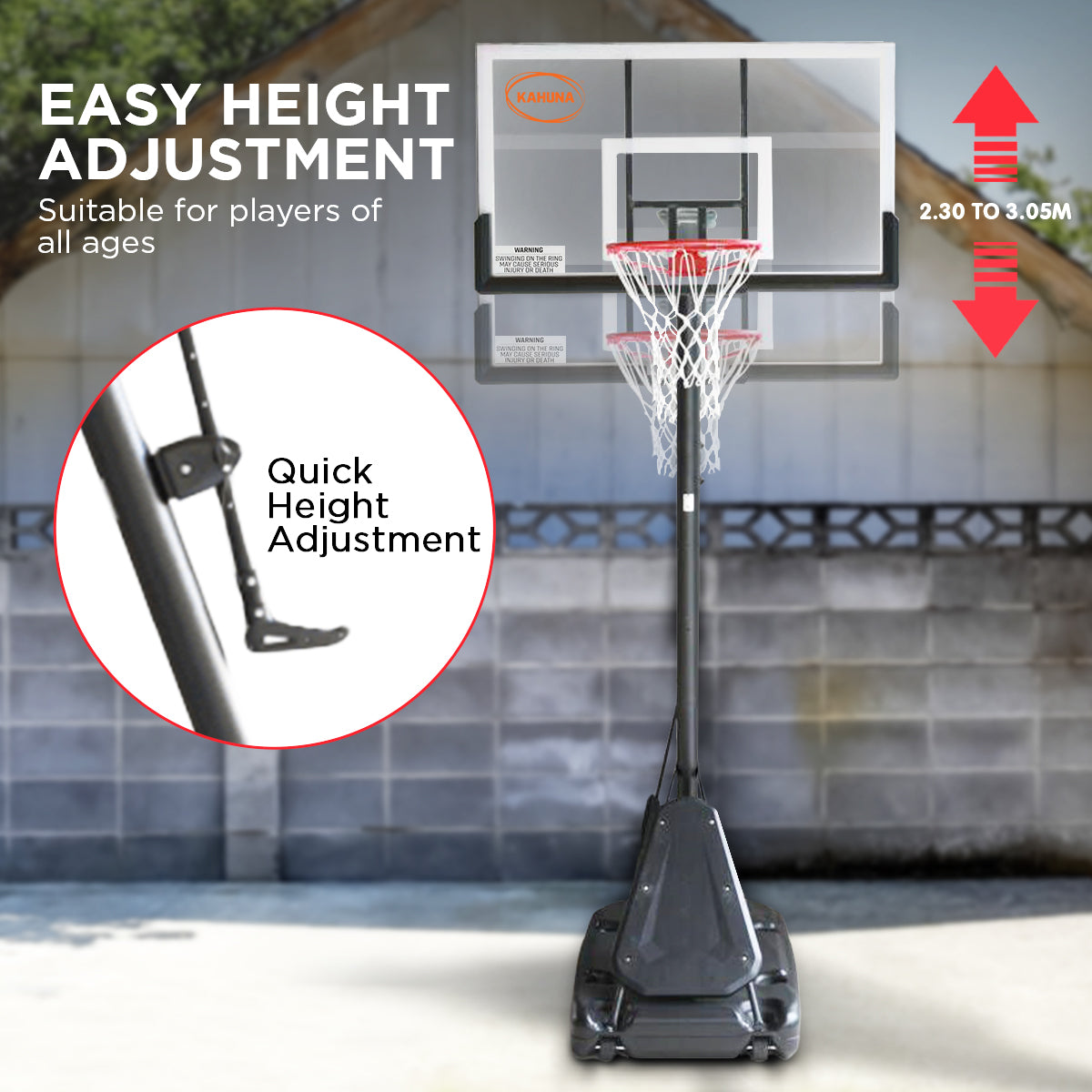 Kahuna Portable Basketball Hoop System 2.3 to 3.05m for Kids & Adults-Sports & Fitness > Basketball & Accessories-PEROZ Accessories