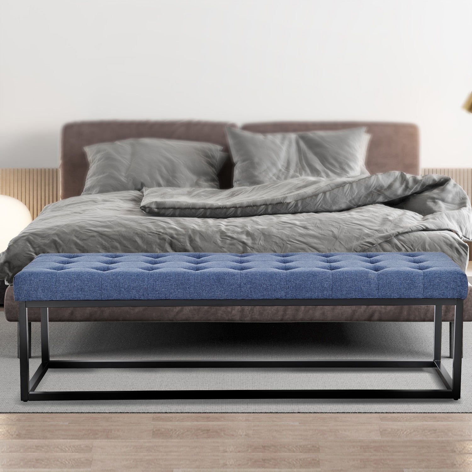 Sarantino Cameron Button-tufted Upholstered Bench With Metal Legs - Blue Linen-Furniture > Living Room-PEROZ Accessories