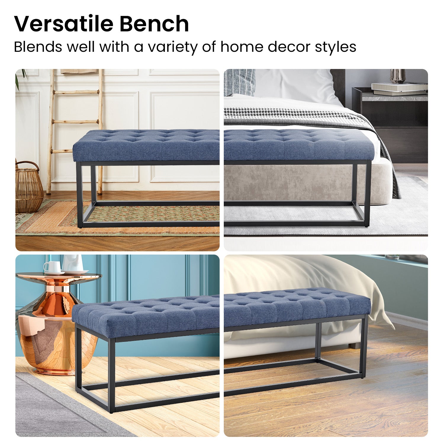 Sarantino Cameron Button-tufted Upholstered Bench With Metal Legs - Blue Linen-Furniture > Living Room-PEROZ Accessories