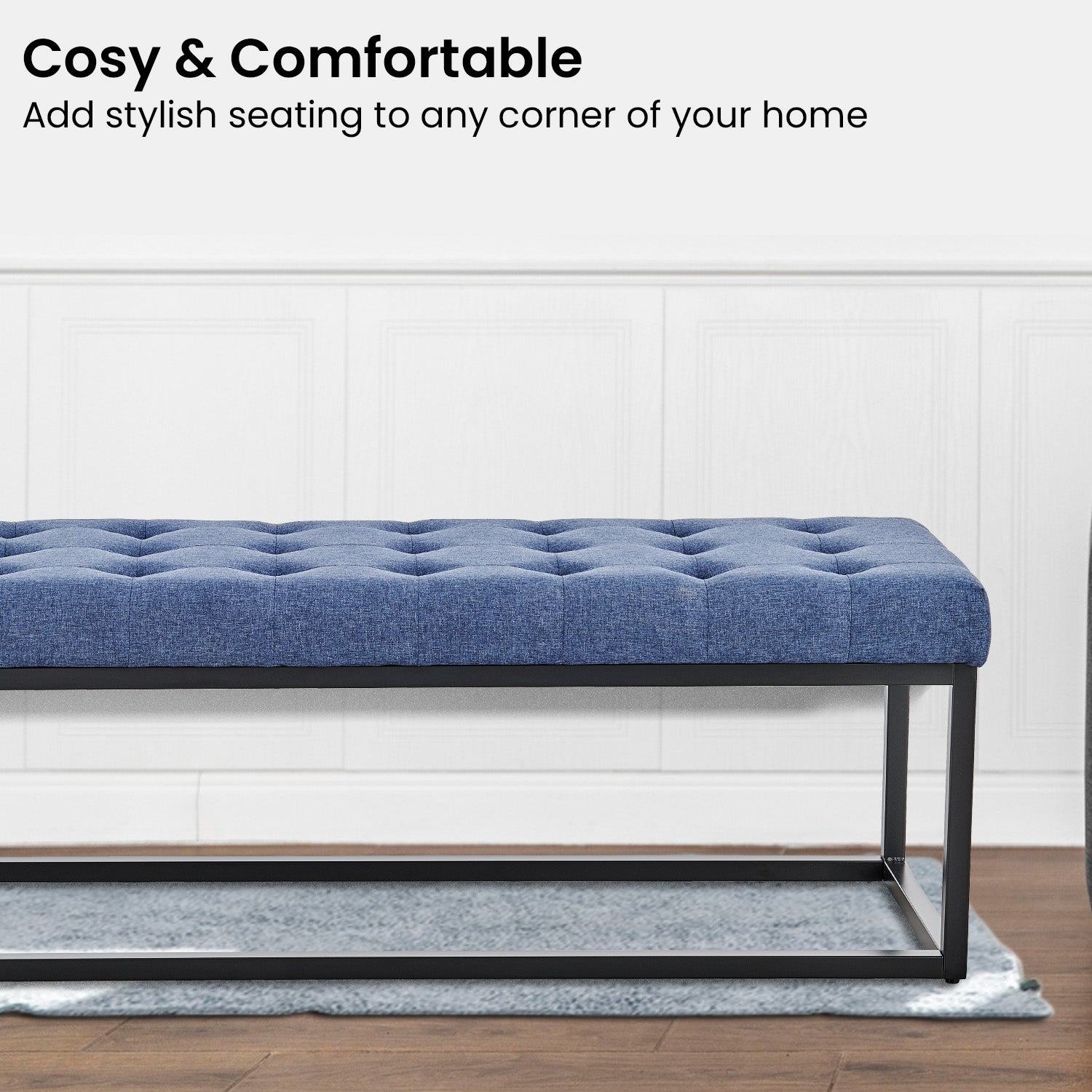 Sarantino Cameron Button-tufted Upholstered Bench With Metal Legs - Blue Linen-Furniture > Living Room-PEROZ Accessories