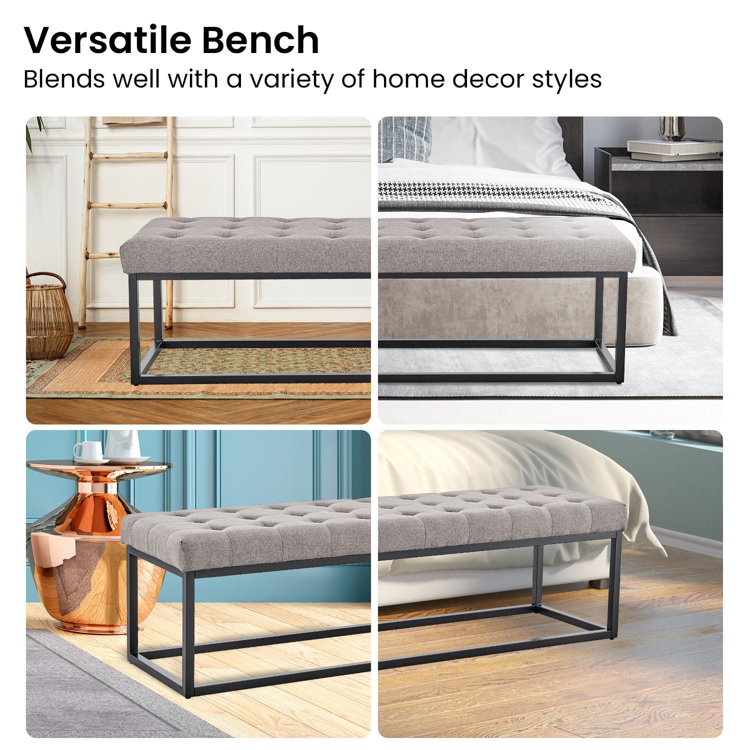 Sarantino Cameron Button-tufted Upholstered Bench With Metal Legs By Sarantino - Light Grey Linen-Furniture > Living Room-PEROZ Accessories