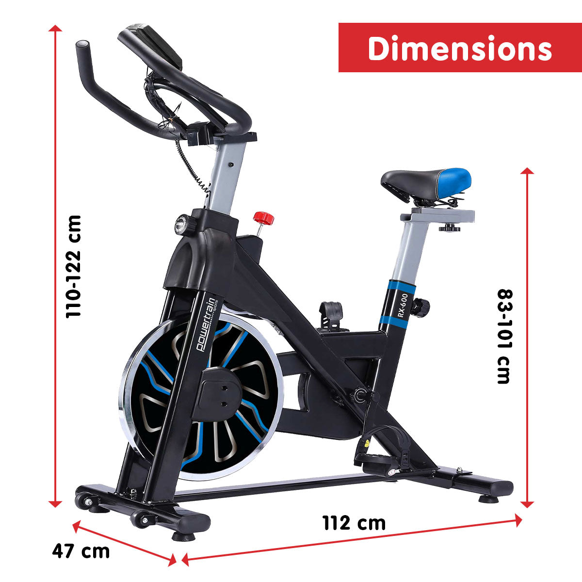 PowerTrain RX-600 Exercise Spin Bike Cardio Cycle - Blue-Sports & Fitness > Bikes & Accessories-PEROZ Accessories