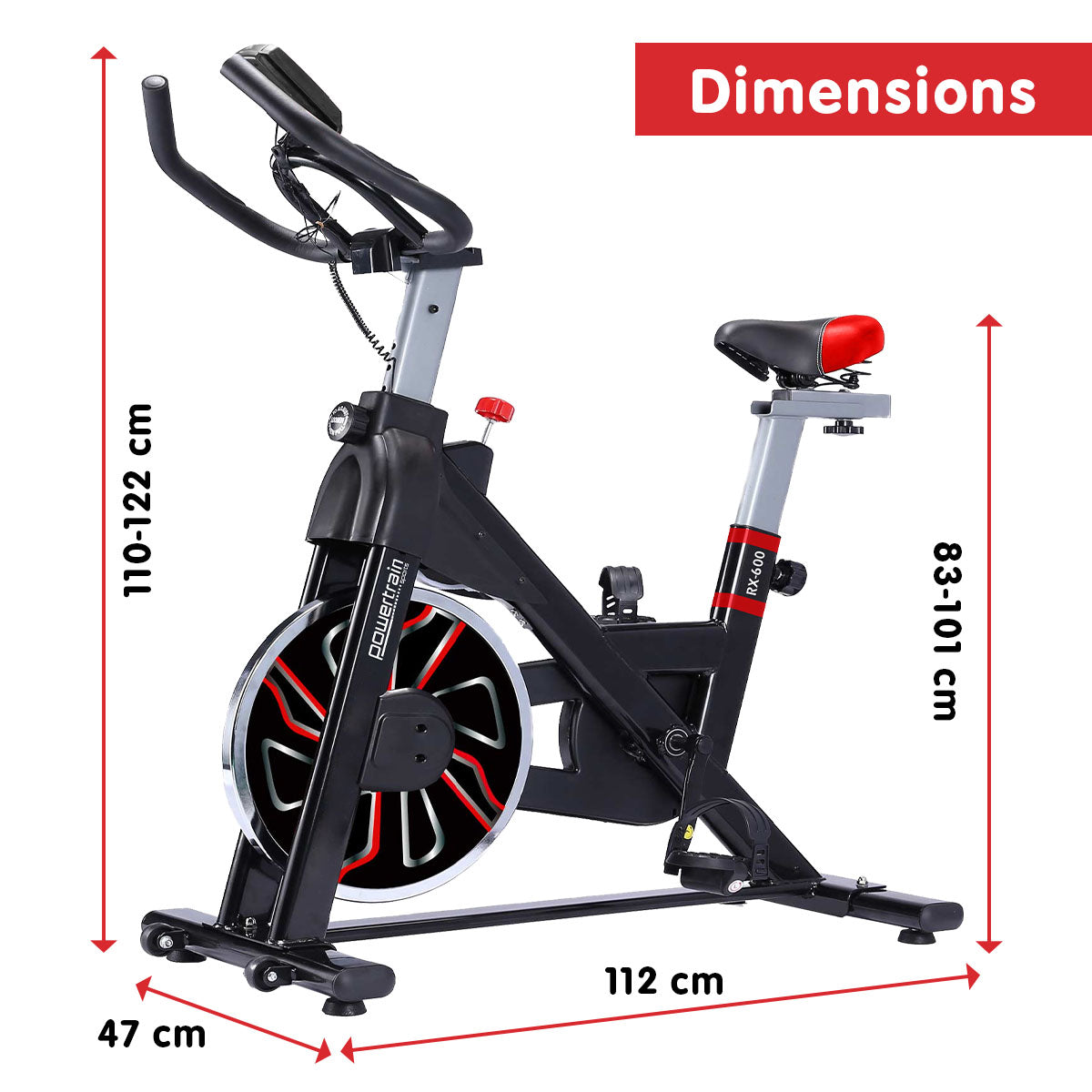 Powertrain RX-600 Exercise Spin Bike Cardio Cycle - Red-Sports & Fitness > Bikes & Accessories-PEROZ Accessories