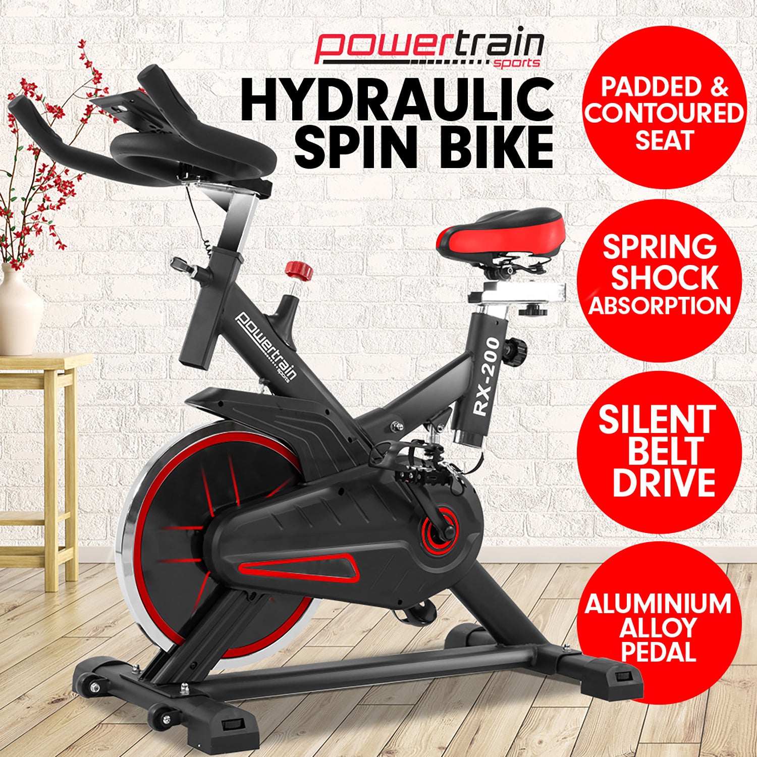 Powertrain RX-200 Exercise Spin Bike Cardio Cycling - Red-Sports & Fitness > Bikes & Accessories-PEROZ Accessories