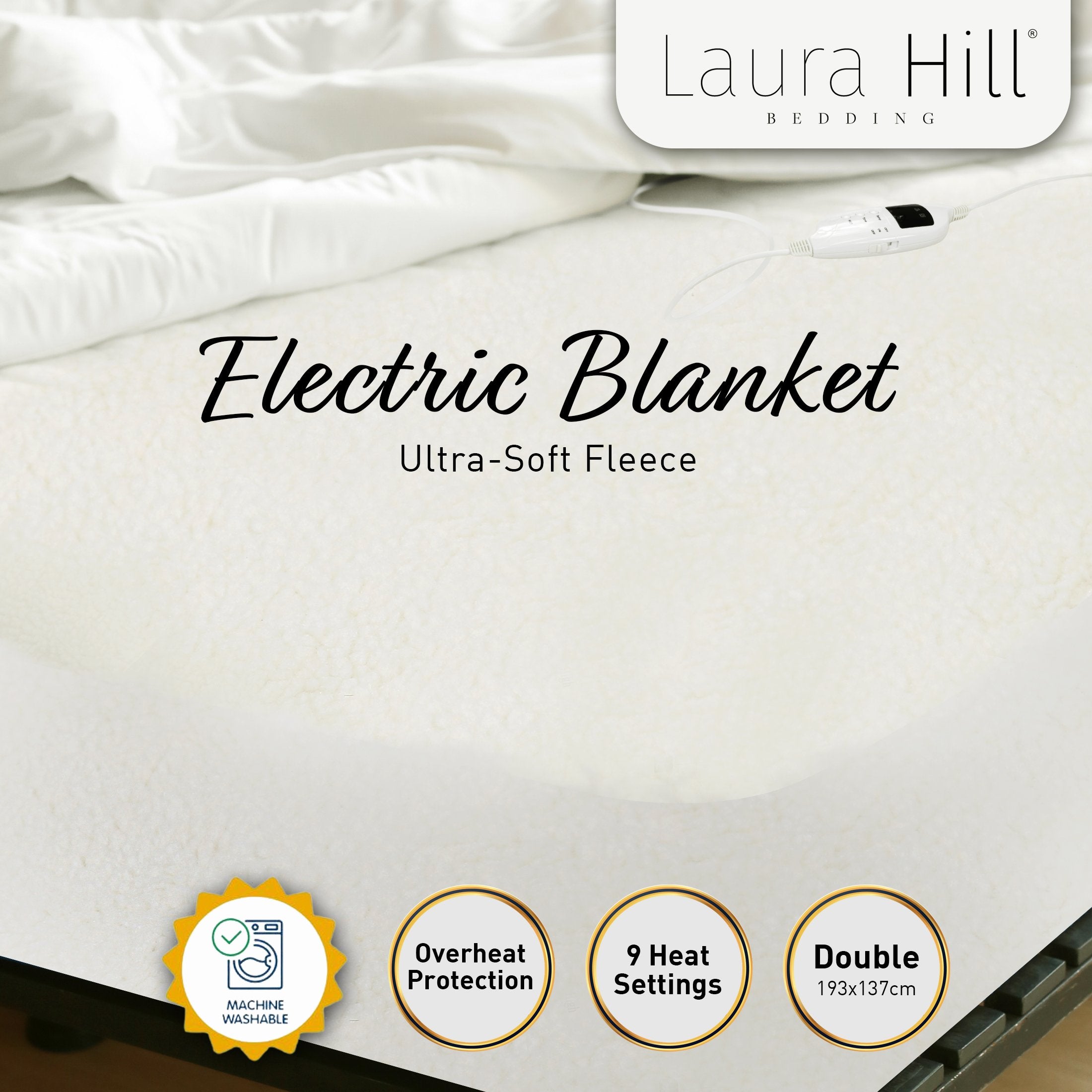Laura Hill Heated Electric Blanket Double Size Fitted Fleece Underlay Winter Throw - White-Electric Throw Blanket-PEROZ Accessories