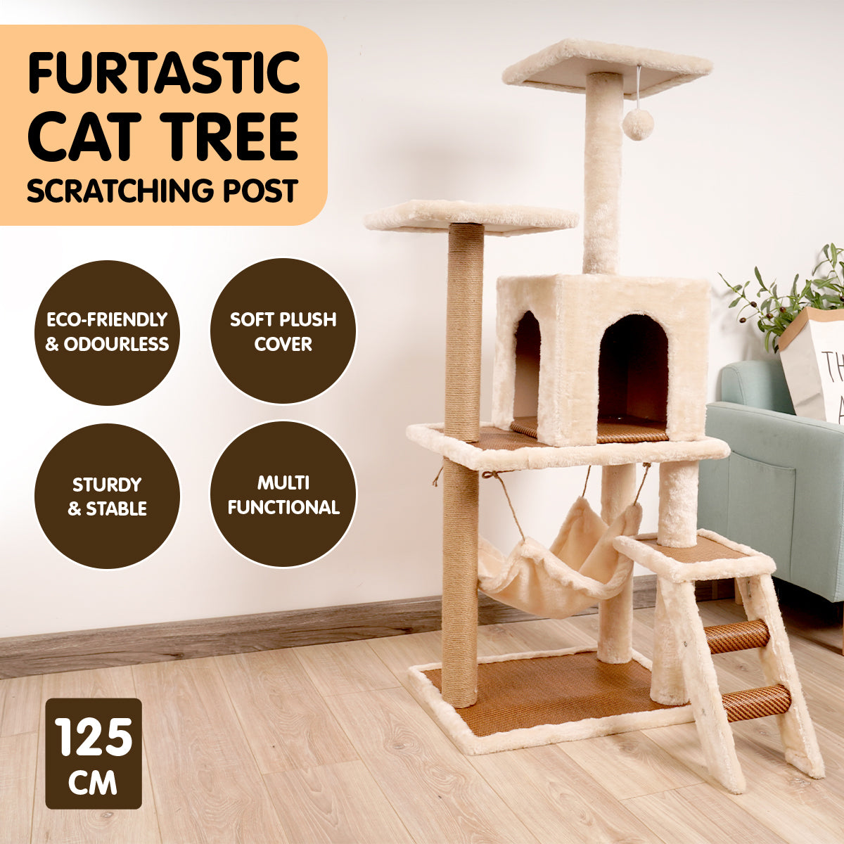 Furtastic 125cm Cat Tree Scratching Post - Beige-Cat Trees-PEROZ Accessories