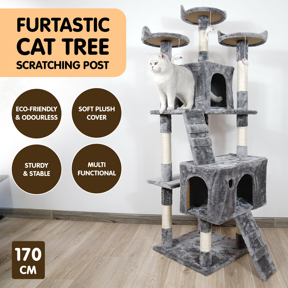 Furtastic 170cm Cat Tree Scratching Post - Silver Grey-Cat Trees-PEROZ Accessories