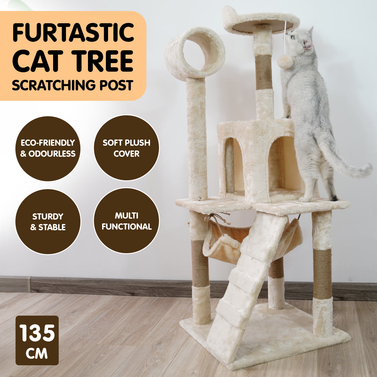 Furtastic 135cm Cat Tree Scratching Post - Beige-Cat Trees-PEROZ Accessories