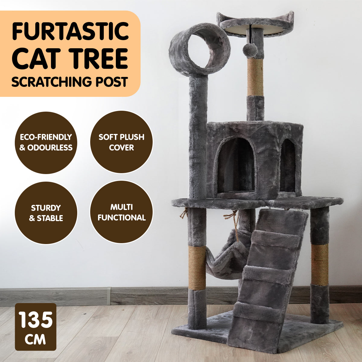 Furtastic 135cm Cat Tree Scratching Post - Dark Grey-Cat Trees-PEROZ Accessories